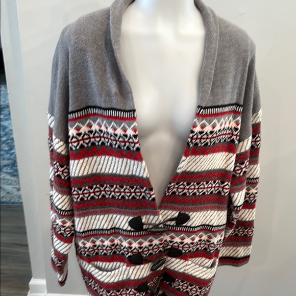 Cappagallo Medium Wool Blend Grey Red Cardigan Toggle Sweater Fair Isle Pattern - Picture 2 of 10